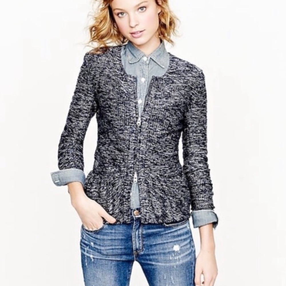J. Crew Boucle Tweed Peplum Black Gray White Cropped Blazer - S
